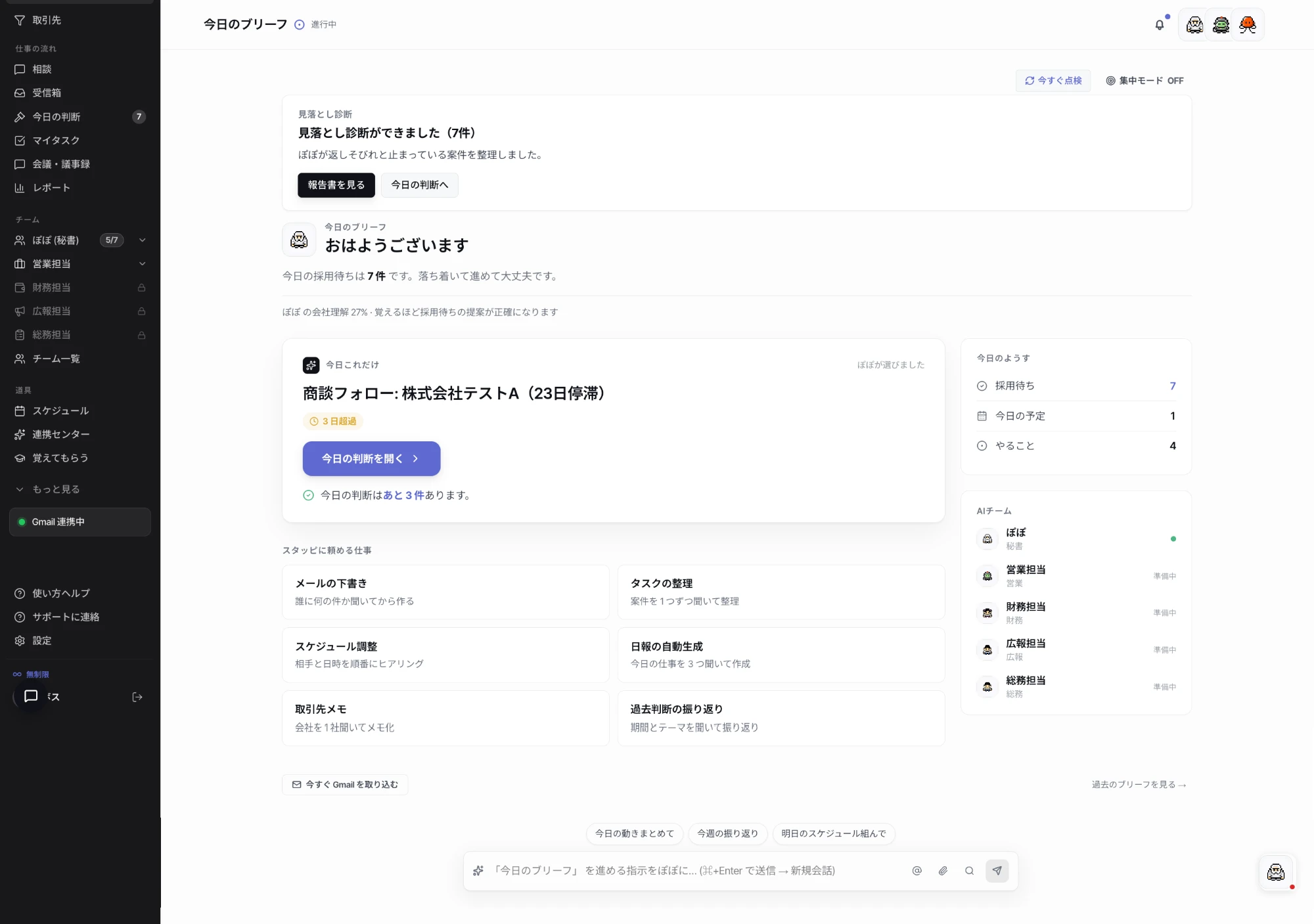 Stappiのホーム画面。左にメニューのサイドバー、上に見落とし診断のお知らせ、中央に今日のブリーフと今日の判断、その下にスタッピに頼める仕事のタイル、右に今日のようすとAIチーム、画面下に秘書への相談入力欄